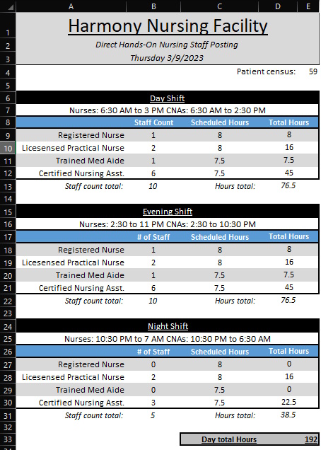 Screenshot of a spreadsheet showing a nursing home clinical schedule daily overview