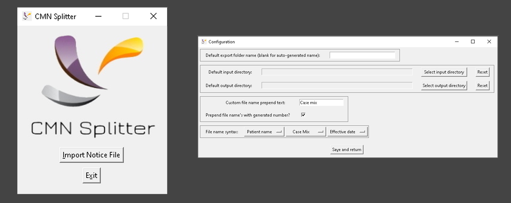 Two screenshots in one image of a program named 'CMN Splitter'. One screenshot is the main program interface and the other is a window of configuration settings.