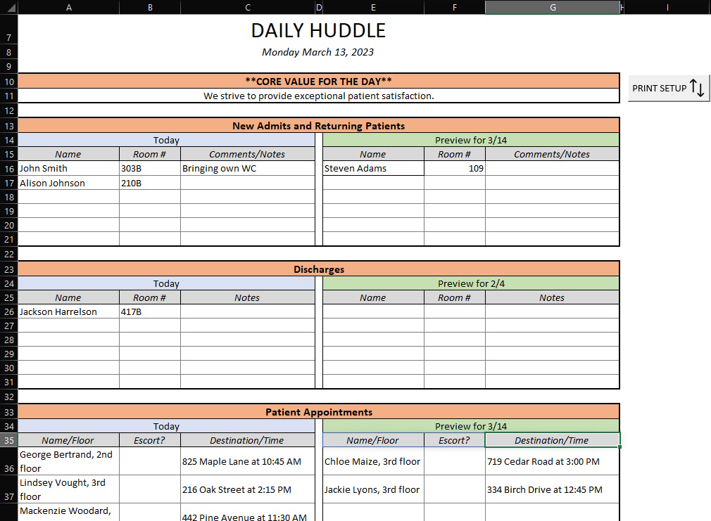Screenshot of a spreadsheet titled 'Daily Huddle' that lists events at a facility for a given day and the next day