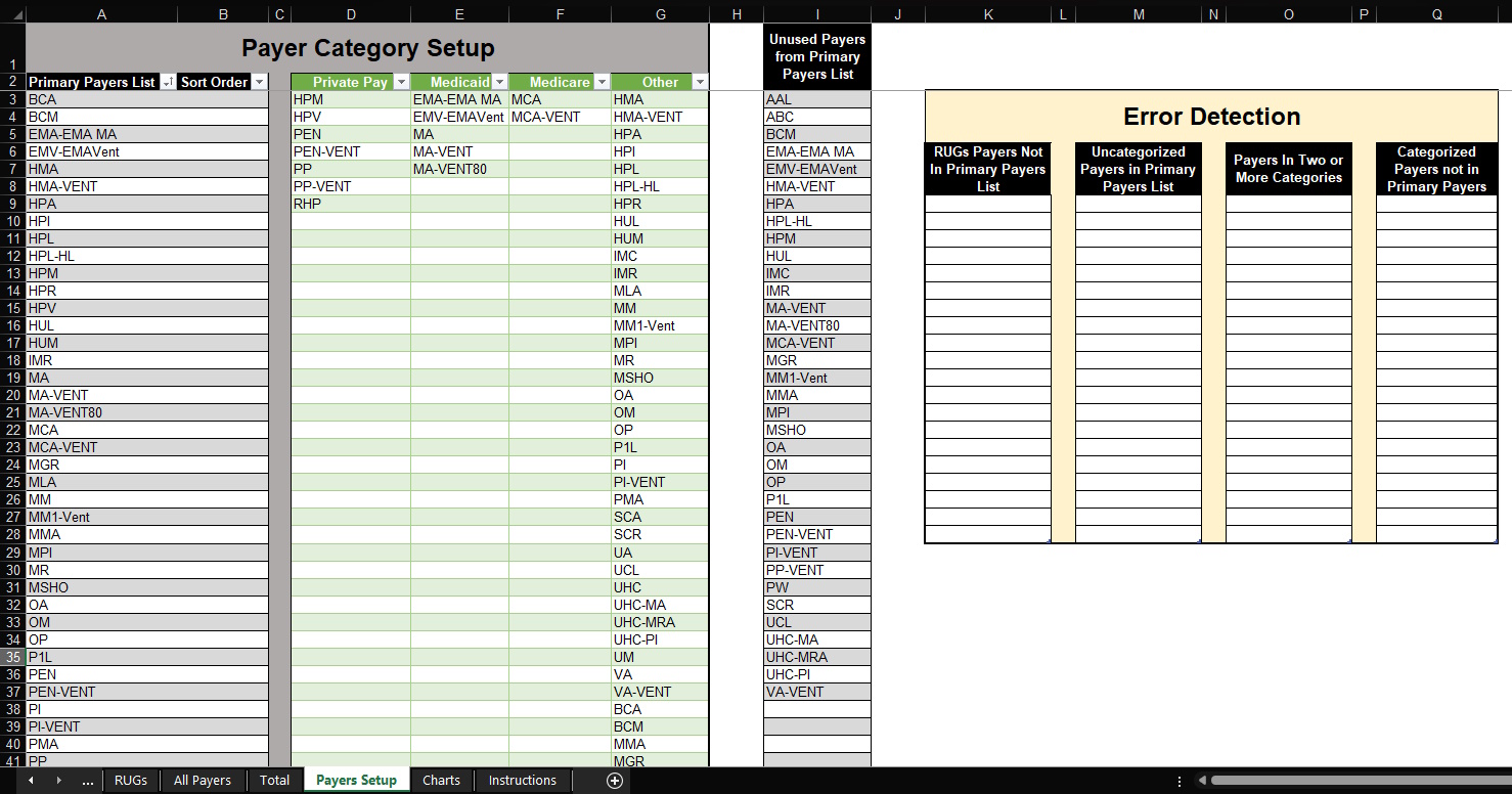 Screenshot of a spreadsheet with configuration settings