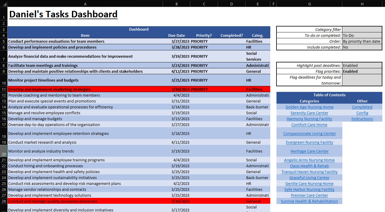 Screenshot of a spreadsheet dashboard displaying a variety of tasks from multiple to-do lists with configurable display options