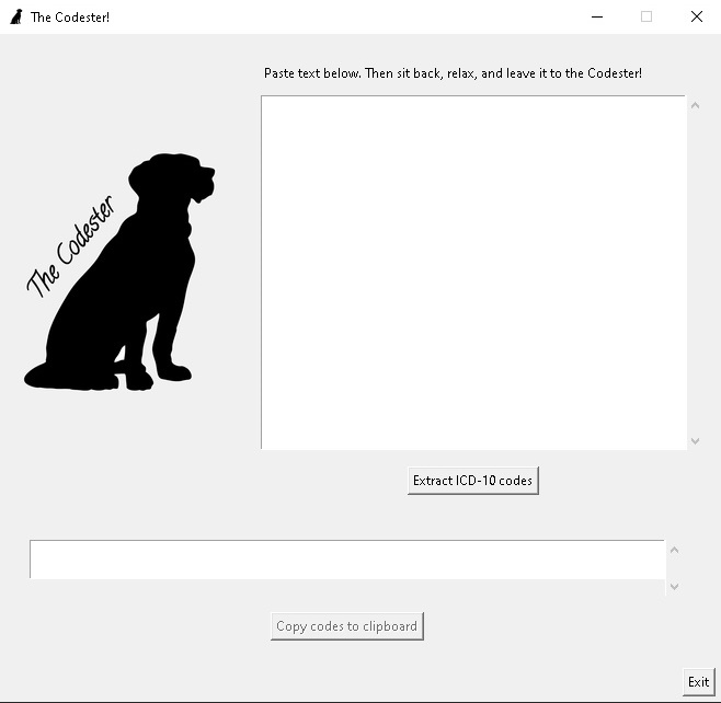 Screenshot of a desktop application named 'The Codester' with a graphic of a dog named 'The Codester' and instructions to paste text that the application will extract medical codes from